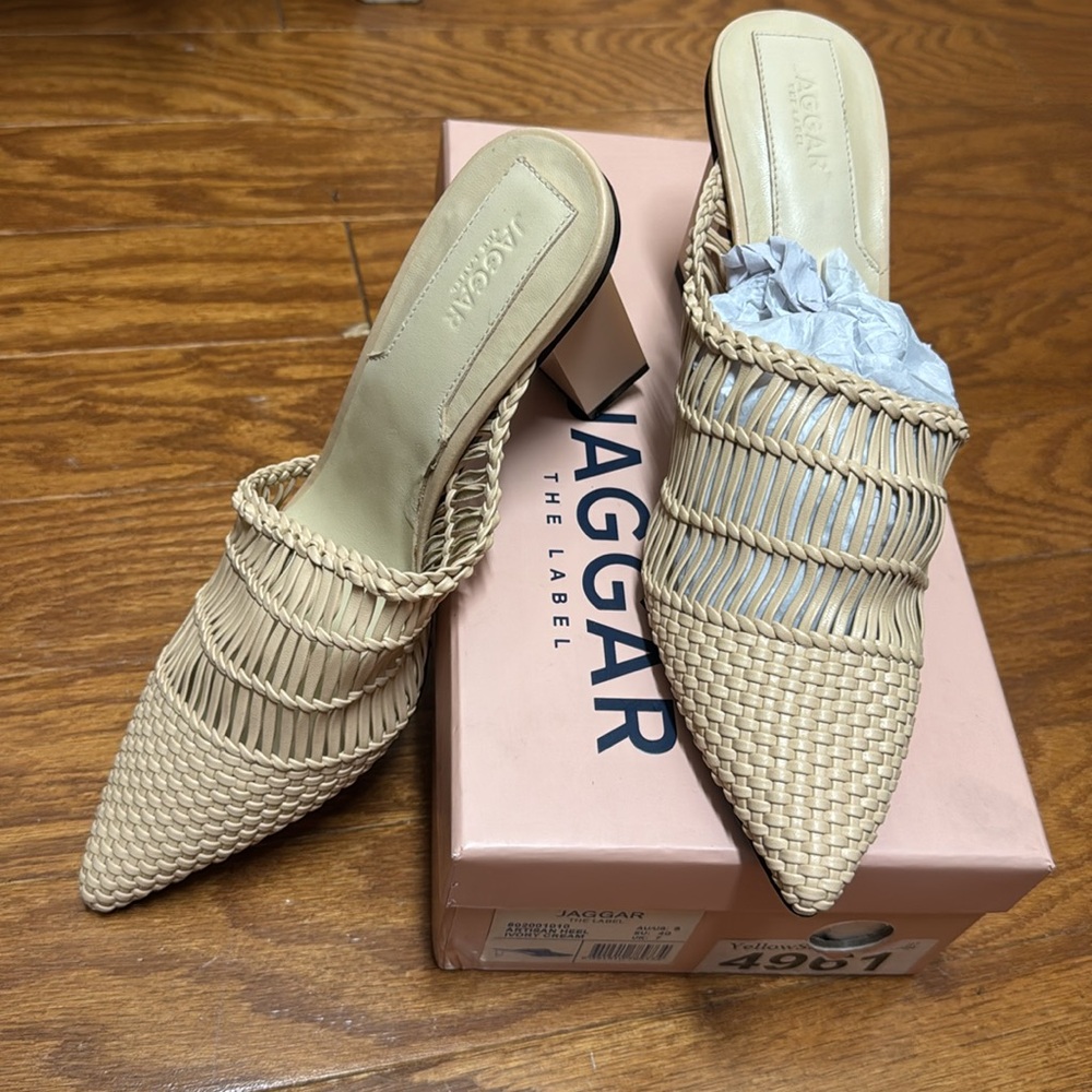 🆕NWT Jaggar The Label Artisan Woven Mules Ivory Cream 9 Block Heels Pointed Toe